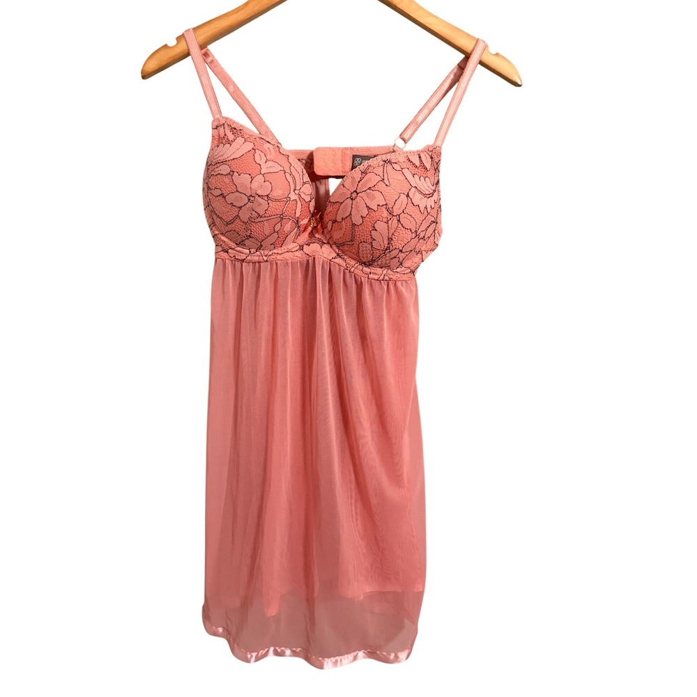 Daisy Fuentes Babydoll Chemise Womens M Peach Pink Floral Lace Mesh DF2162